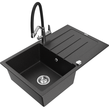 Mexen Bruno 1-bowl granite sink with drainer and Duo kitchen faucet, black/silver metallic - 6513-73-671701-07