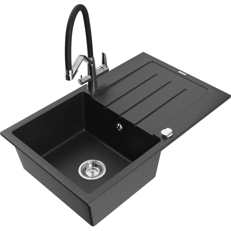 Mexen Bruno fregadero de granito de 1 compartimiento con escurridor y grifo de cocina Duo, negro/plateado metálico