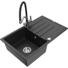 Mexen Bruno 1-bowl granite sink with drainer and Duo kitchen faucet, black/silver metallic - 6513-73-671701-07