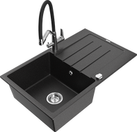 Mexen Bruno fregadero de granito de 1 seno con escurridor y grifo de cocina Duo, negro/plata metálica - 6513-73-671701-07
