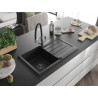 Mexen Bruno fregadero de granito de 1 cubeta con escurridor y grifo de cocina Duo, negro/plateado metálico