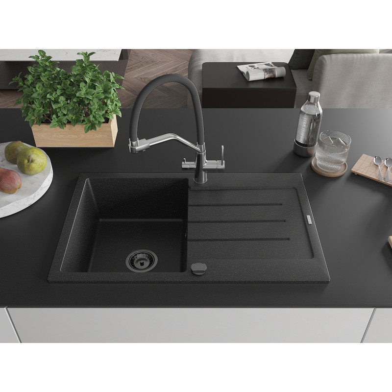 Mexen Bruno granitische spoelbak met 1 bak en afdruipblad en keukenmengkraan Duo, zwart/zilveren metallic - 6513-73-671701-07-B