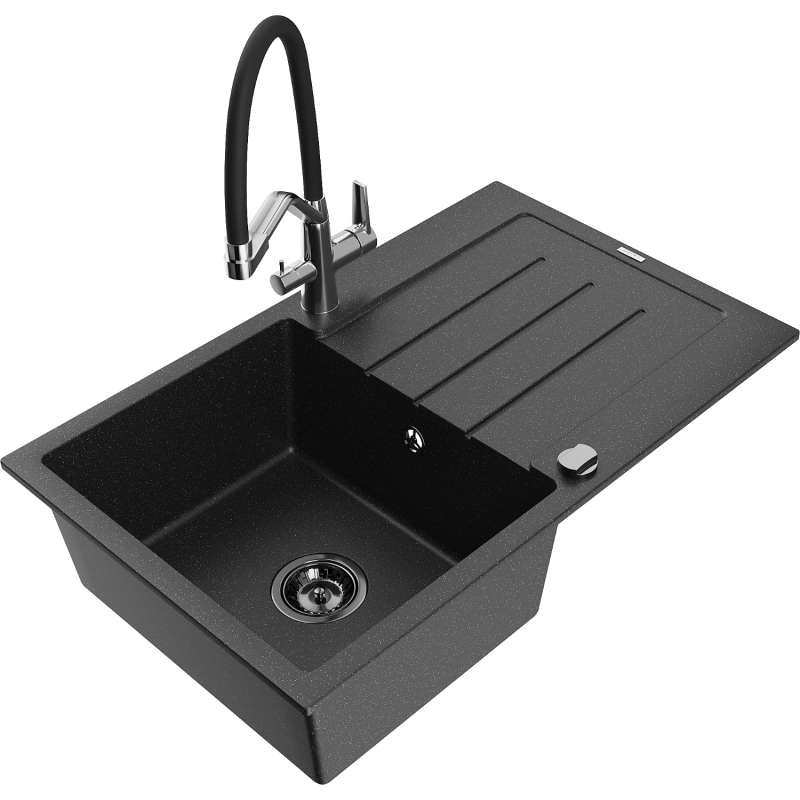 Mexen Bruno 1-bowl granite sink with drainer and Duo kitchen tap, black/silver metallic - 6513-73-671701-07-B