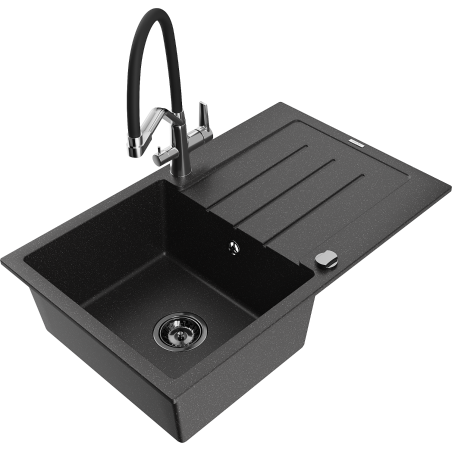 Mexen Bruno Granitspüle 1-beckig mit Abtropffläche und Duo Küchenarmatur, schwarz/silber metallic - 6513-73-671701-07-B