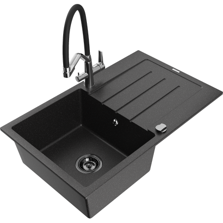 Mexen Bruno lavello in granito a una vasca con scolapiatti e rubinetto da cucina Duo, nero/argento metallico