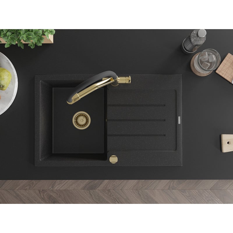 Mexen Bruno Granitspüle 1-beckig mit Abtropffläche und Küchenarmatur Duo, Schwarz/Silber-Metallic - 6513-73-671701-57-G