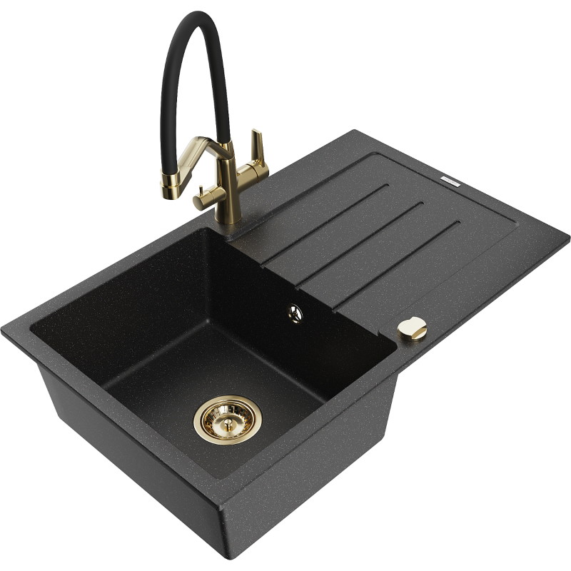 Mexen Bruno granieten spoelbak 1-komorige met afdruiprek en keukenkraan Duo, zwart/zilver metallic - 6513-73-671701-57-G