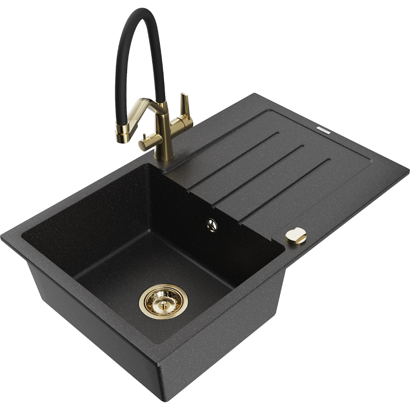 Mexen Bruno single-bowl granite sink with drainer and Duo kitchen tap, black/silver metallic - 6513-73-671701-57-G