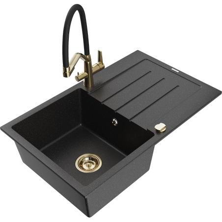 Mexen Bruno 1-kameras granīta izlietne ar noteces zonu un virtuves jaucējkrānu Duo, melns/sudraba metālisks