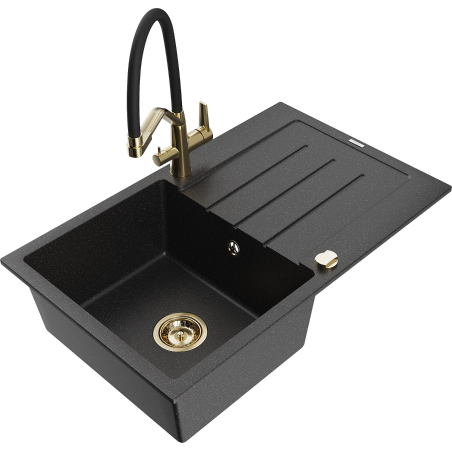 Mexen Bruno granieten spoelbak 1-komorige met afdruiprek en keukenkraan Duo, zwart/zilver metallic - 6513-73-671701-57-G