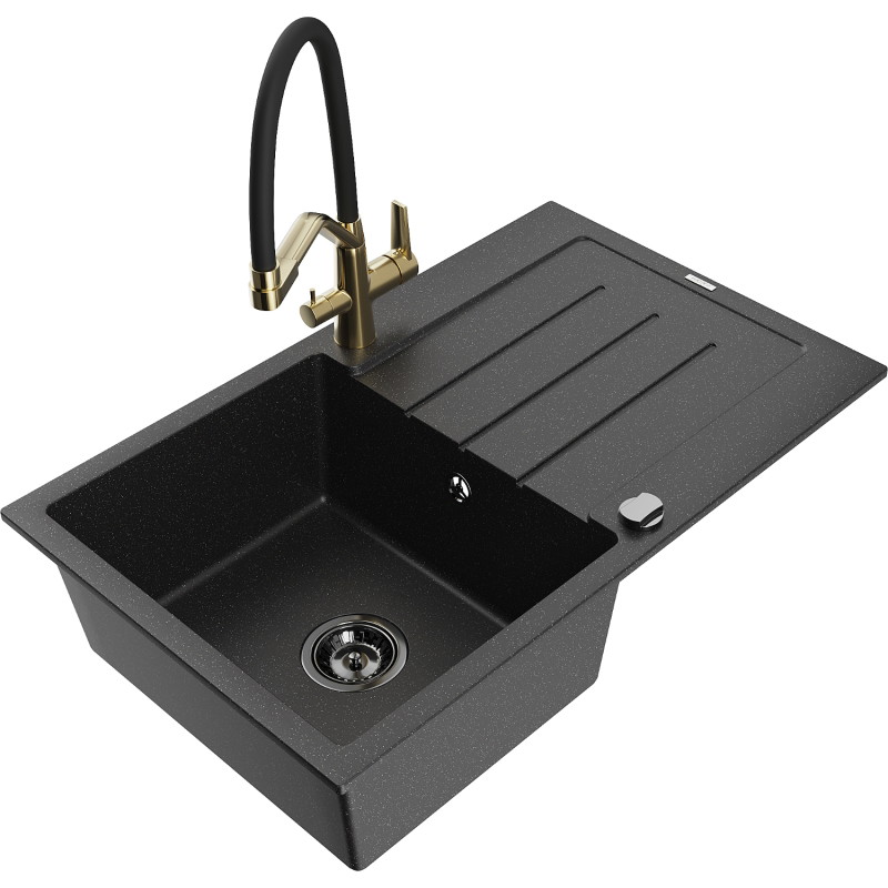 Mexen Bruno granieten spoelbak 1-komerig met afdruipplaat en keukenmengkraan Duo, zwart/zilveren metallic - 6513-73-671701-57-B