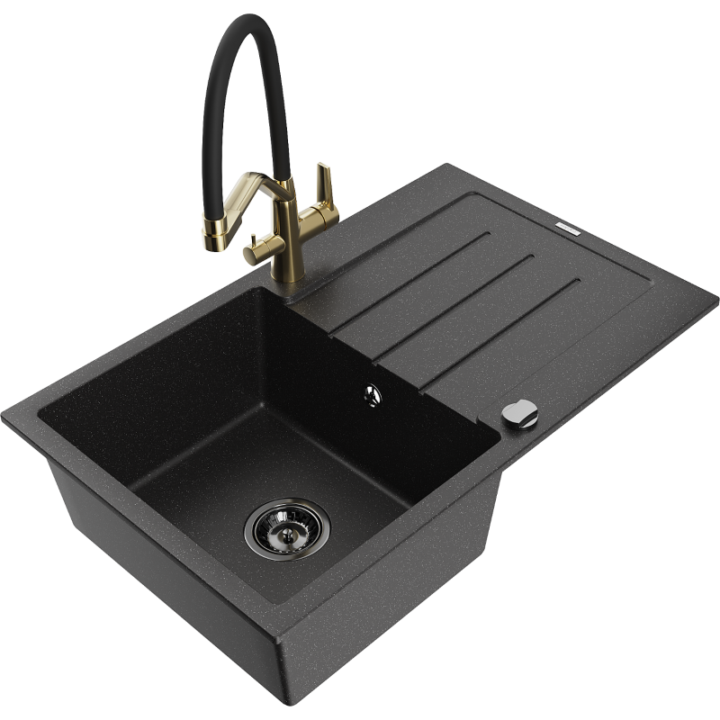 Mexen Bruno granite sink with 1 bowl and drainer and Duo kitchen tap, black/silver metallic - 6513-73-671701-57-B