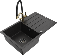 Mexen Bruno granite sink with 1 bowl and drainer and Duo kitchen tap, black/silver metallic - 6513-73-671701-57-B