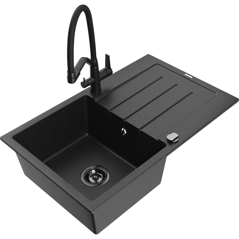 Mexen Bruno granite sink 1-bowl with drainer and Duo kitchen tap, black/silver metallic - 6513-73-671701-70-B