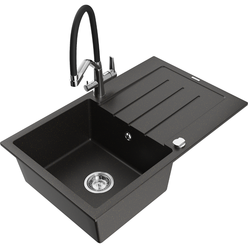 Mexen Bruno fregadero de granito de 1 seno con escurridor y grifo de cocina Duo, negro/dorado metálico - 6513-75-671701-07