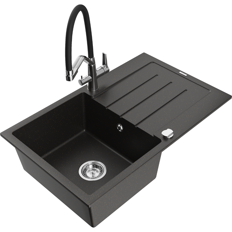 Mexen Bruno granite sink 1-bowl with drainer and Duo kitchen tap, black/gold metallic - 6513-75-671701-07
