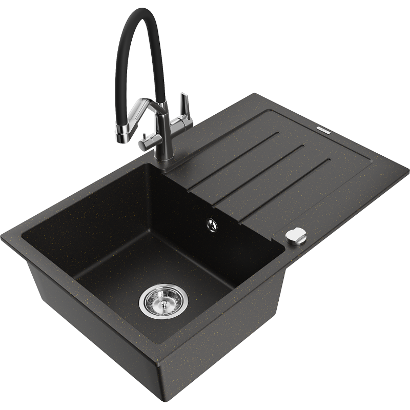 Mexen Bruno lava-louça em granito de 1 cuba com escorredor e torneira de cozinha Duo, preto/dourado metálico