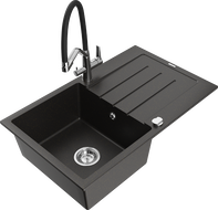 Mexen Bruno fregadero de granito de 1 seno con escurridor y grifo de cocina Duo, negro/dorado metálico - 6513-75-671701-07