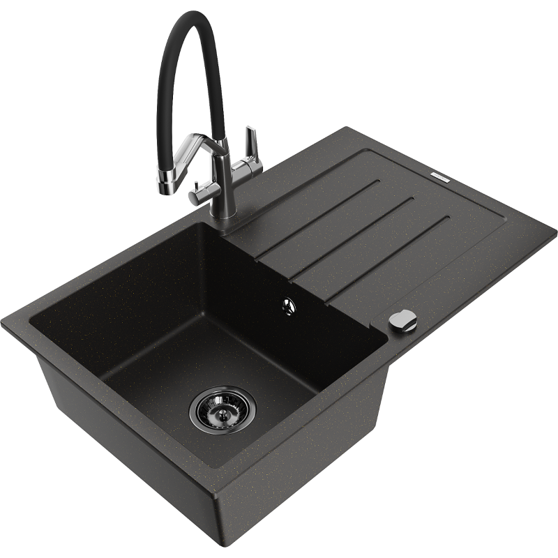 Mexen Bruno fregadero de granito de 1 cubeta con escurridor y grifo de cocina Duo, negro/dorado metálico - 6513-75-671701-07-B