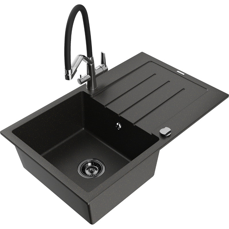 Mexen Bruno fregadero de granito de 1 seno con escurridor y grifo de cocina Duo, negro/dorado metálico - 6513-75-671701-07-B