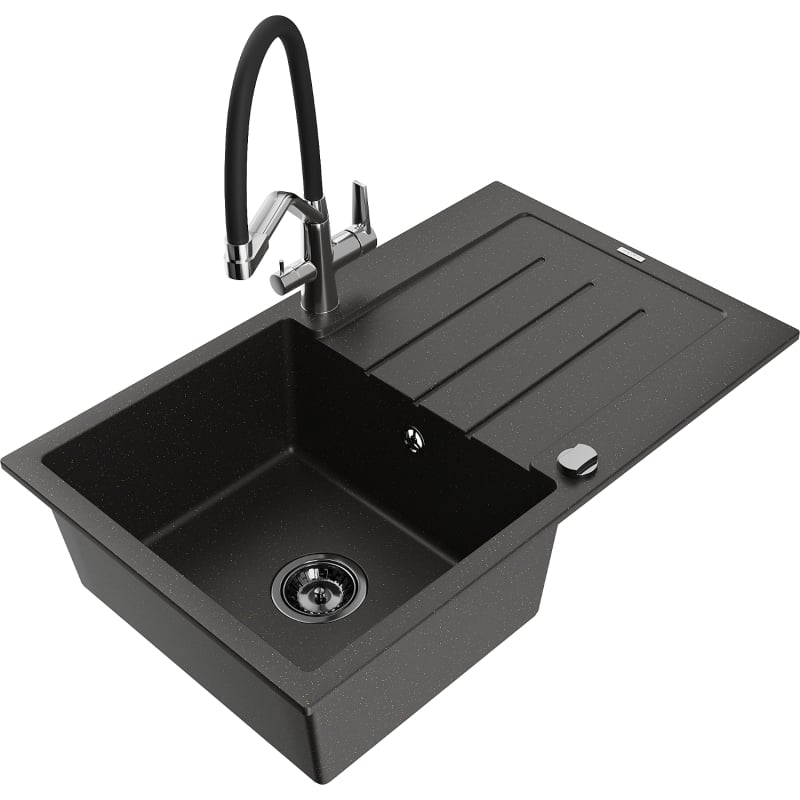 Mexen Bruno granite single-bowl sink with drainer and Duo kitchen faucet, black/gold metallic - 6513-75-671701-07-B
