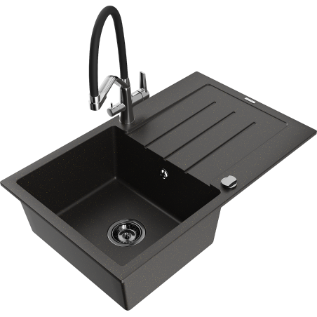 Mexen Bruno granite single-bowl sink with drainer and Duo kitchen faucet, black/gold metallic - 6513-75-671701-07-B