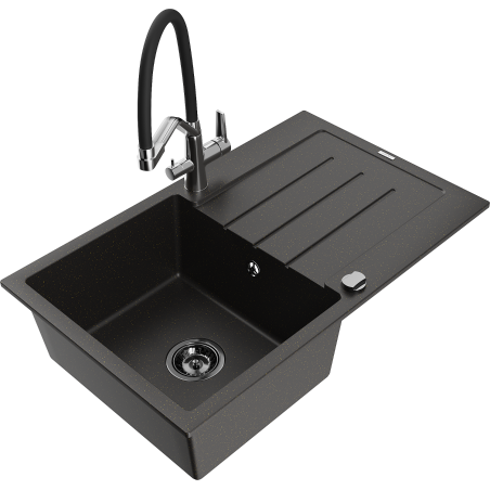 Mexen Bruno granite sink 1-bowl with drainer and kitchen tap Duo, black/gold metallic - 6513-75-671701-07-B