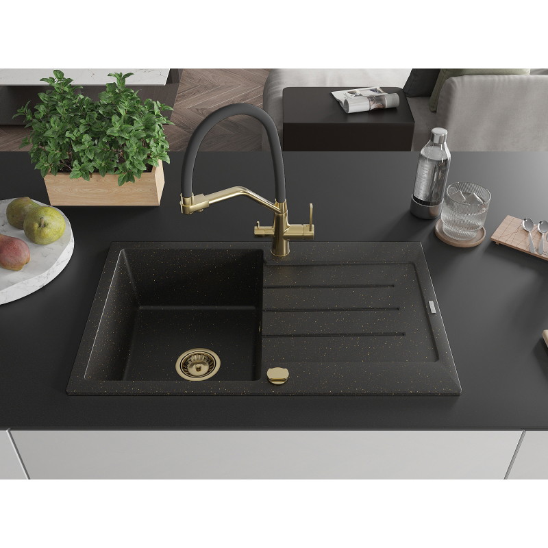 Mexen Bruno fregadero de granito de 1 seno con escurridor y grifo de cocina Duo, negro/oro metálico - 6513-75-671701-57-G