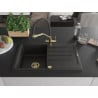 Mexen Bruno Granitspüle 1-beckig mit Abtropffläche und Küchenarmatur Duo, schwarz/goldener Metallic - 6513-75-671701-57-G
