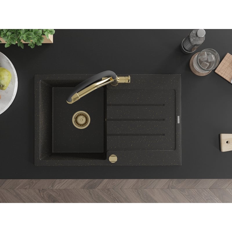 Mexen Bruno Granitspüle 1-beckig mit Abtropffläche und Küchenarmatur Duo, schwarz/goldener Metallic - 6513-75-671701-57-G