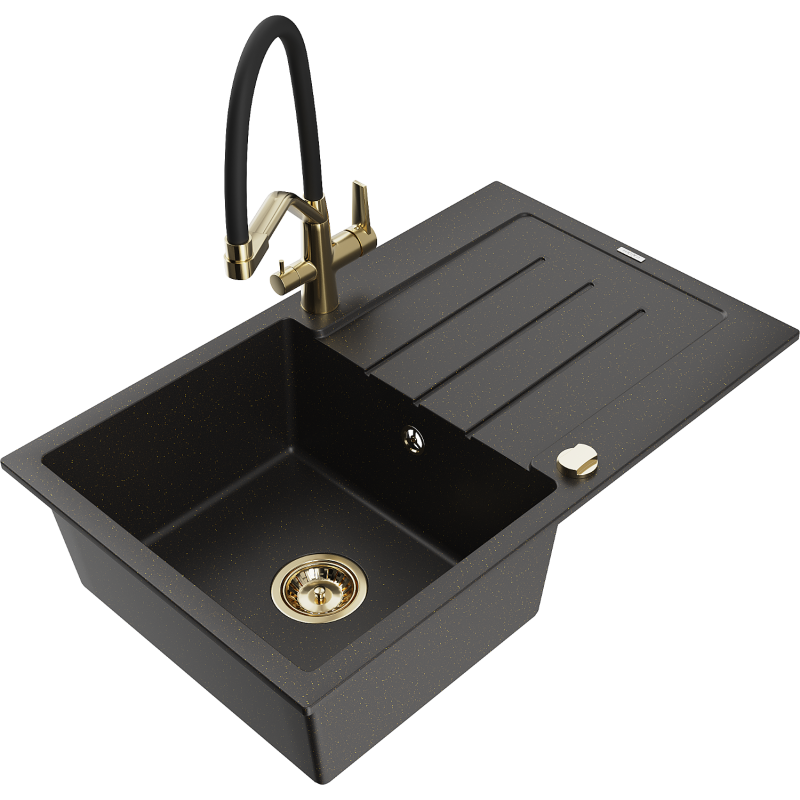 Mexen Bruno fregadero de granito 1-comparte con escurridor y grifo de cocina Duo, negro/oro metálico - 6513-75-671701-57-G