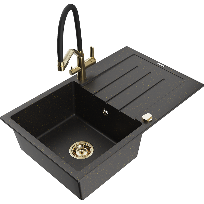 Mexen Bruno single-bowl granite sink with drainer and Duo kitchen tap, black/gold metallic - 6513-75-671701-57-G
