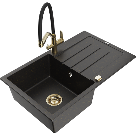 Mexen Bruno Granitspüle 1-beckig mit Abtropffläche und Küchenarmatur Duo, schwarz/goldener Metallic - 6513-75-671701-57-G