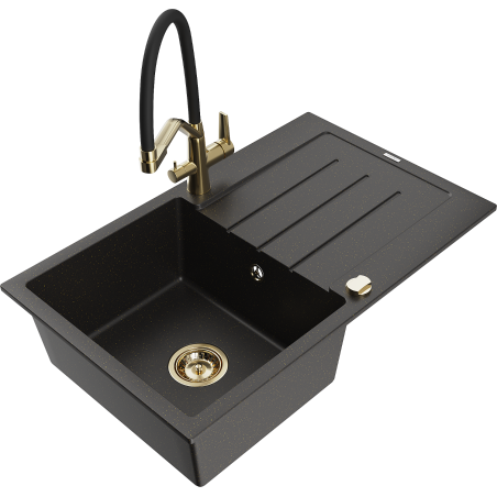 Mexen Bruno single-bowl granite sink with drainer and Duo kitchen tap, black/gold metallic - 6513-75-671701-57-G