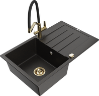 Mexen Bruno Granitspüle 1-Becken mit Abtropffläche und Küchenarmatur Duo, schwarz/goldmetallik - 6513-75-671701-57-G