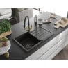 Mexen Bruno granieten spoelbak met 1 bak en afdruiprek en Duo keukenkraan, zwart/goud metallic - 6513-75-671701-57-B