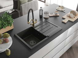 Mexen Bruno Granitspüle 1-Becken mit Abtropffläche und Küchenarmatur Duo, schwarz/goldener Metallic - 6513-75-671701-57-B
