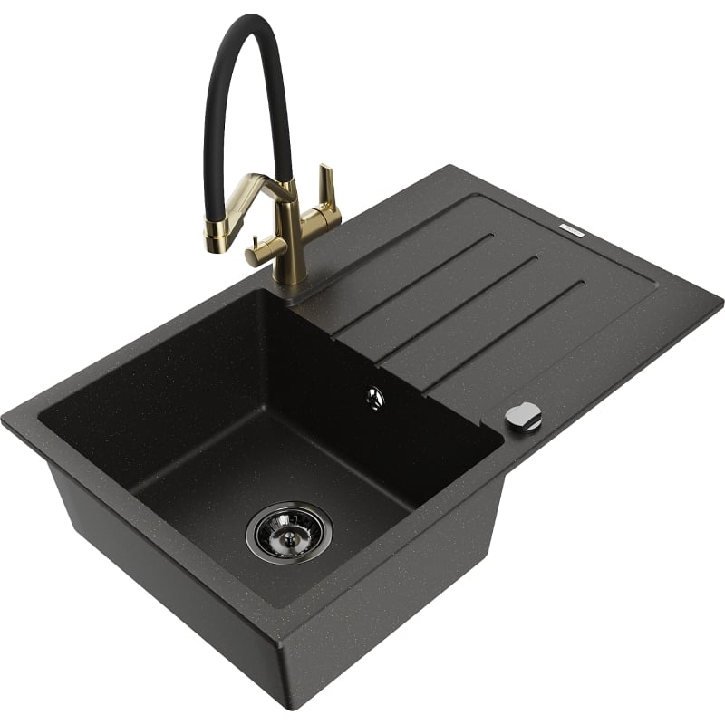 Mexen Bruno granieten spoelbak met 1 bak en afdruiprek en Duo keukenkraan, zwart/goud metallic - 6513-75-671701-57-B