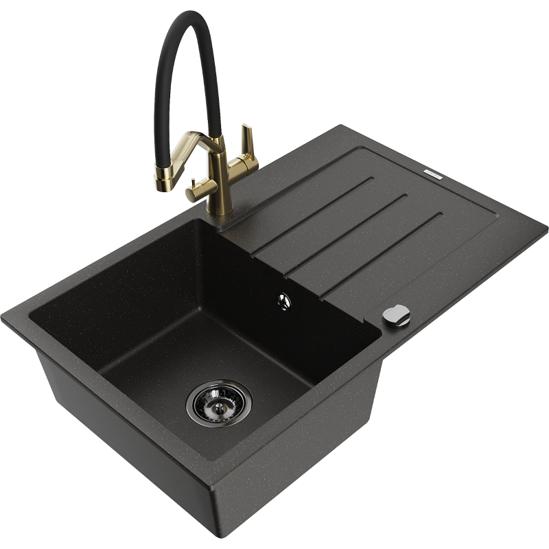 Mexen Bruno Granitspüle 1-Becken mit Abtropffläche und Küchenarmatur Duo, schwarz/goldener Metallic - 6513-75-671701-57-B