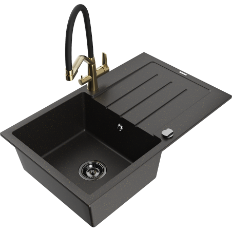 Mexen Bruno granieten spoelbak met 1 bak en afdruiprek en Duo keukenkraan, zwart/goud metallic - 6513-75-671701-57-B