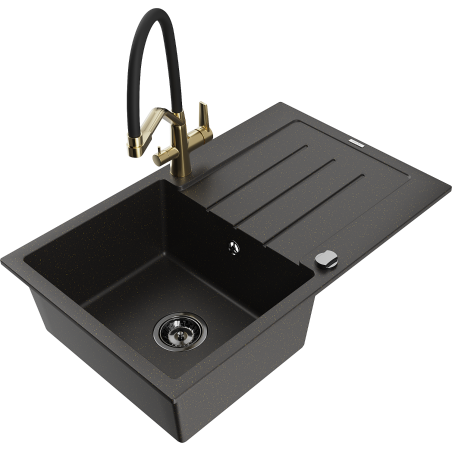 Mexen Bruno Granitspüle 1-Becken mit Abtropffläche und Küchenarmatur Duo, schwarz/goldener Metallic - 6513-75-671701-57-B