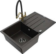 Mexen Bruno Granitspüle 1-Becken mit Abtropffläche und Küchenarmatur Duo, schwarz/goldener Metallic - 6513-75-671701-57-B