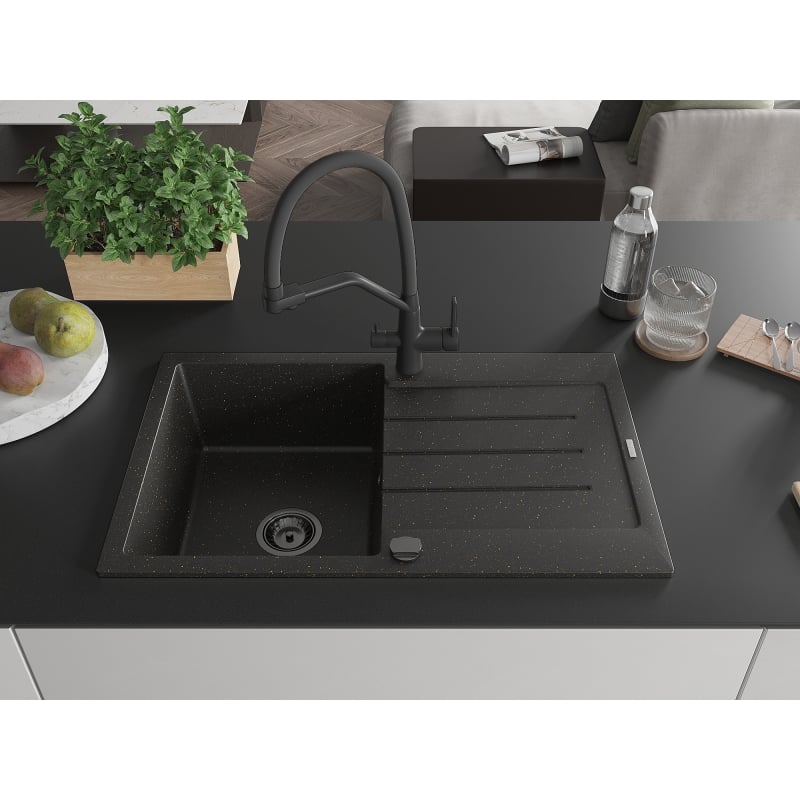 Mexen Bruno granite kitchen sink 1-bowl with drainer and Duo kitchen faucet, black/gold metallic - 6513-75-671701-70-B