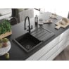 Mexen Bruno granite kitchen sink 1-bowl with drainer and Duo kitchen faucet, black/gold metallic - 6513-75-671701-70-B