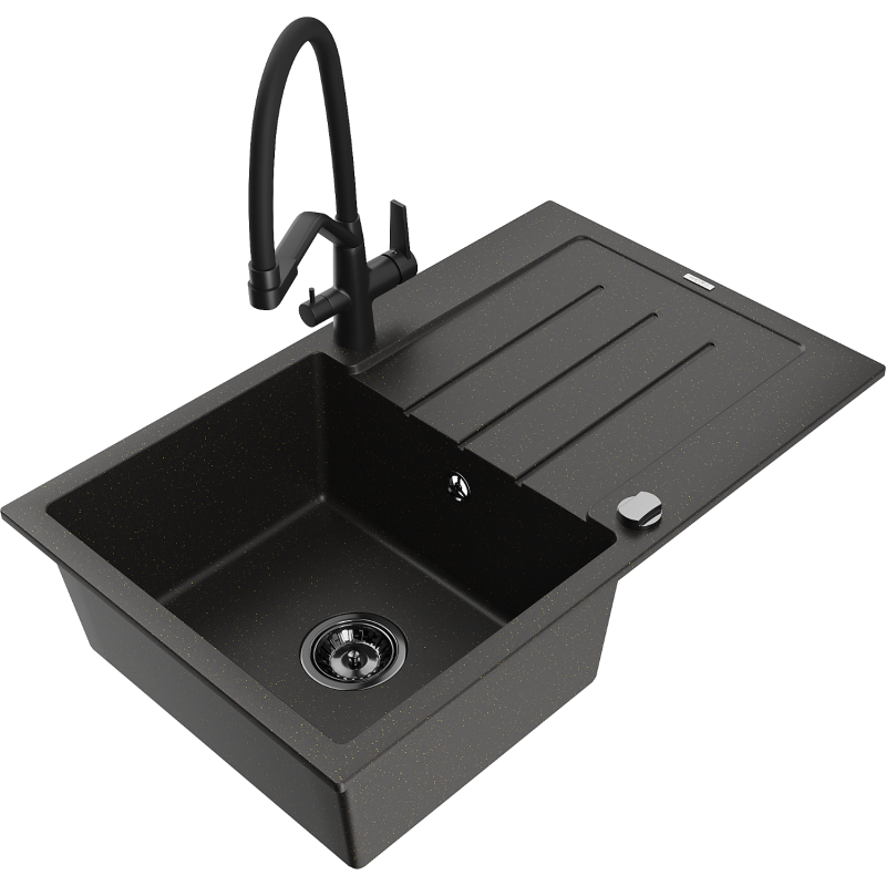 Mexen Bruno fregadero de granito 1-cubeta con escurridor y grifo de cocina Duo, negro/oro metálico - 6513-75-671701-70-B