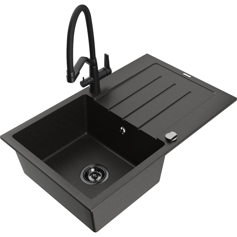 Mexen Bruno granite kitchen sink 1-bowl with drainer and Duo kitchen faucet, black/gold metallic - 6513-75-671701-70-B