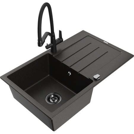 Mexen Bruno fregadero de granito 1-cubeta con escurridor y grifo de cocina Duo, negro/oro metálico - 6513-75-671701-70-B
