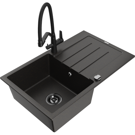 Mexen Bruno granite kitchen sink 1-bowl with drainer and Duo kitchen faucet, black/gold metallic - 6513-75-671701-70-B