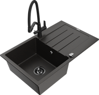 Mexen Bruno fregadero de granito 1-cubeta con escurridor y grifo de cocina Duo, negro/oro metálico - 6513-75-671701-70-B