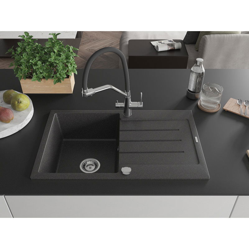 Mexen Bruno one-bowl granite sink with drainer and Duo kitchen tap, speckled black - 6513-76-671701-07
